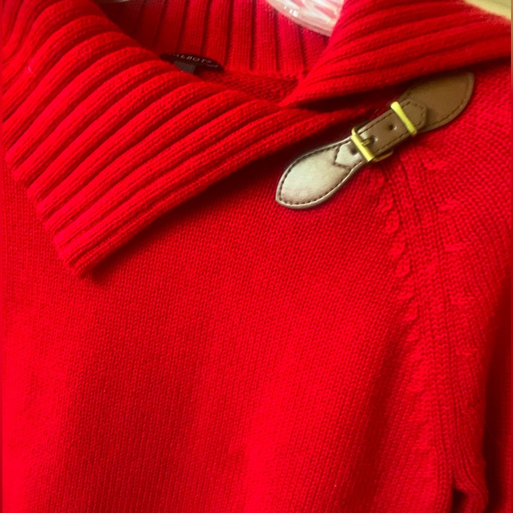 TALBOTS Red L/S Sweater w/Faux Leather Detail Collar - Size Small - Picture 3 of 5